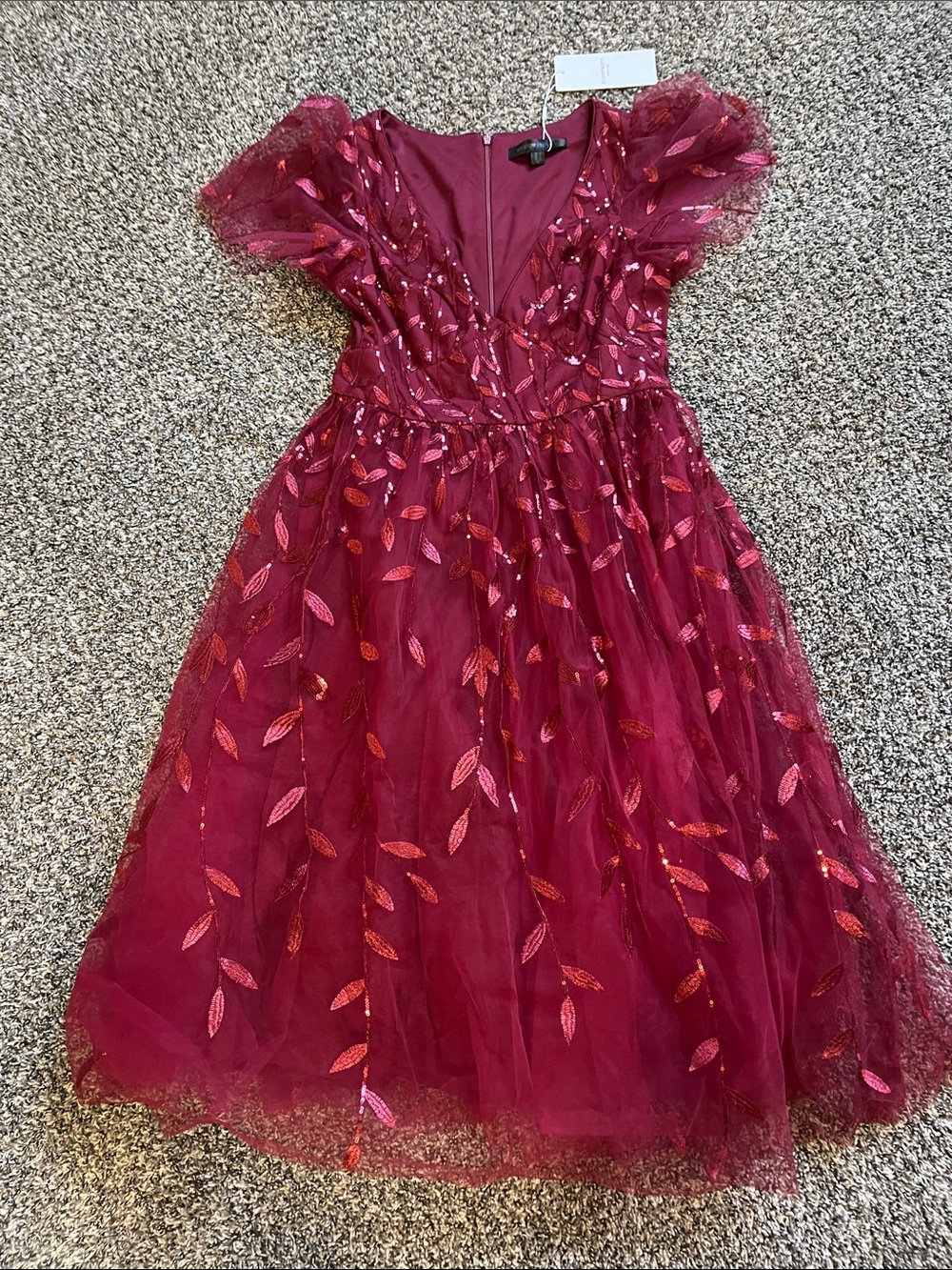 Ever Pretty Burgundy Leaf-Embroidered Tulle Party Dress